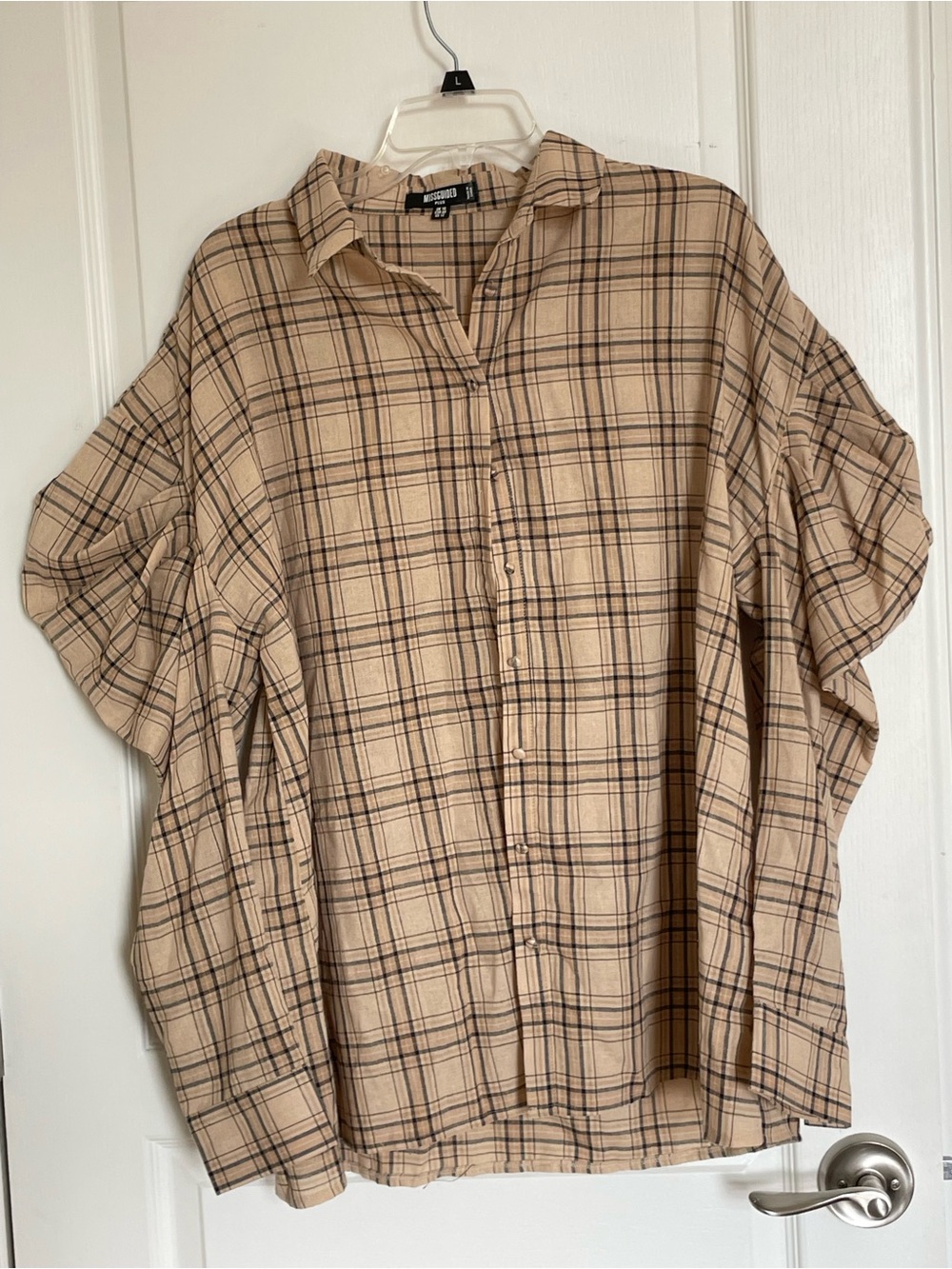 Missguided Beige Plaid Button-Down Shirt